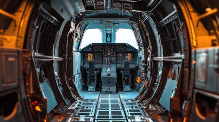 Interior view of an aircraft cockpit highlighting control panels and seating.