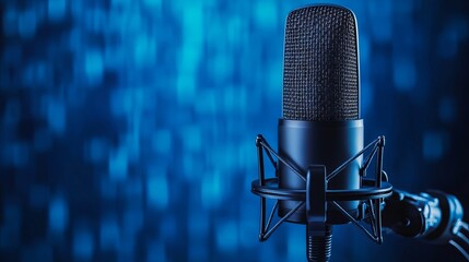Expert microphone featuring a waveform on a blue banner, perfect for a podcast or recording studio backdrop 