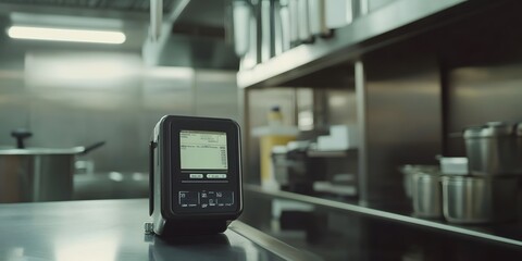 Fototapeta premium A close-up of digital sensors tracking food safety in a commercial kitchen, highlighting tech-enhanced food hygiene and modern safety monitoring systems. 