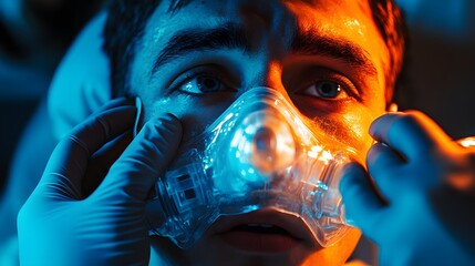 A close-up of a doctor’s hand adjusting an oxygen mask on a patient’s face, highlighting oxygen therapy and respiratory
