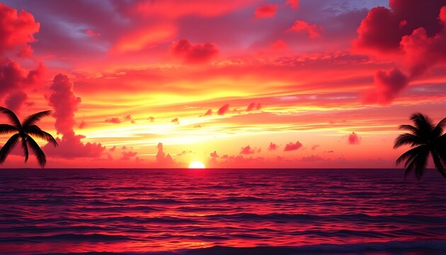 A tropical beach scene with the sky ablaze in rich oranges, pinks, and purples as the sun sets over the horizon.