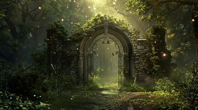 Mystical fantasy gate in the forest surrounded by lush plants, creating a magical and mysterious atmosphere.
 Seamless looping 4k time-lapse virtual video animation Generated AI
