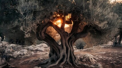 Olive tree in the Mediterranean countryside at golden hour