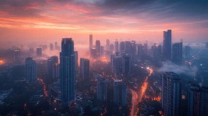 Fototapeta premium A city skyline at dusk, showcasing skyscrapers amidst fog and vibrant sunset colors.