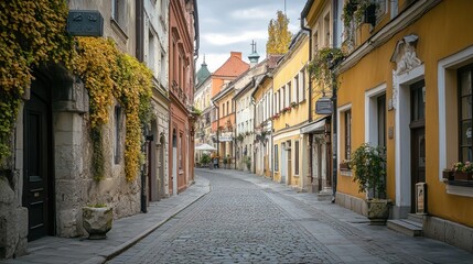 A charming cobblestone street lined with colorful buildings and greenery.