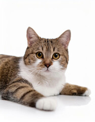 Fototapeta premium Close-Up of Tabby Cat Relaxing on White Background, belly down cat