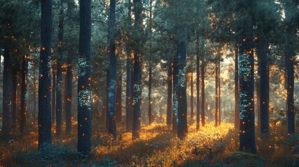 Fototapeta premium A serene forest scene illuminated by soft light and glowing particles, evoking tranquility.