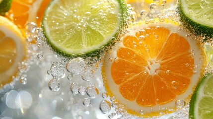 Close-up of Slices of Orange and Lime Floating in Sparkling Water