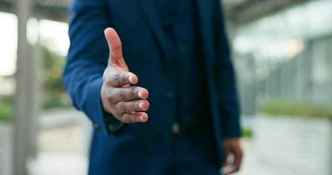 Handshake, offer and pov with business man in city for urban development, property investment and leasing agreement. Partnership, deal and success with hand of person for community building project
