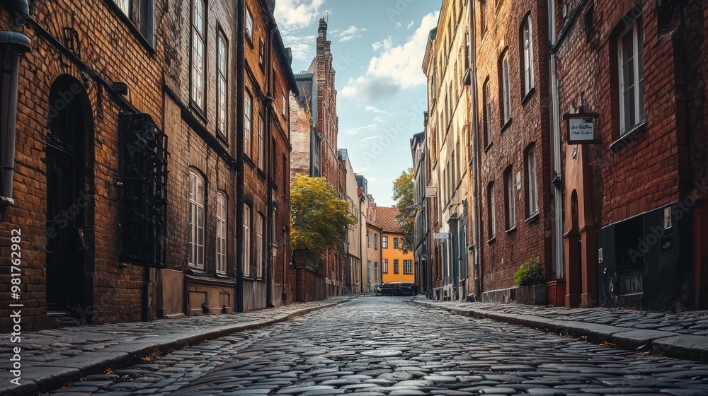 Canvas Prints A cobblestone street lined with historic buildings under a blue sky.