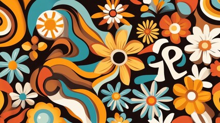 Vibrant Retro Floral Pattern with Psychedelic Swirls and Organic Shapes