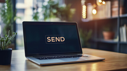 word "SEND" display on laptop screen on the table in modern office, concept of digital money transfer or sending online data information 