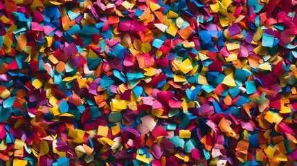 Close-up of colorful confetti scattered on a surface.