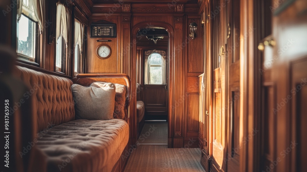 Wall mural A cozy interior of a vintage train carriage featuring wooden decor and comfortable seating.