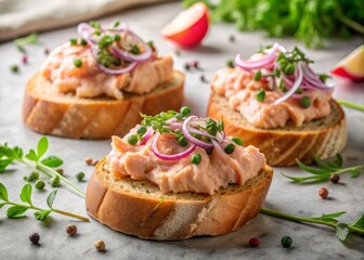Smoked salmon p&acirc;t&eacute; spread on toasted baguette slices, garnished with pickled red onion, capers, and microgreens, on a marble kitchen counter, against a soft, natural light