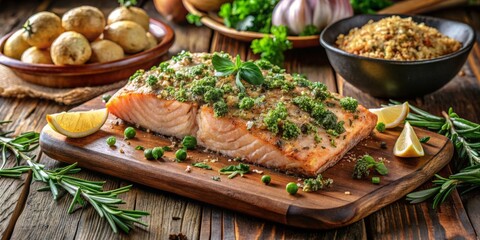 Obraz premium Freshly baked salmon fillet topped with a mixture of chopped fresh herbs and crispy breadcrumbs on a rustic wooden platter