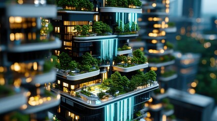 Obraz premium Modern urban building featuring lush greenery on balconies, showcasing innovative architecture and eco-friendly design.