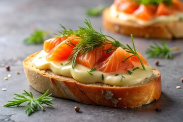 A delicate slice of gravlax perched on a crispy baguette slice, topped with a dollop of creamy mustard sauce and a sprinkle of fresh dill