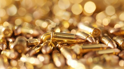 Shiny brass bullets are piled together, reflecting light in a well-lit area, showcasing their metallic finish and intricate details