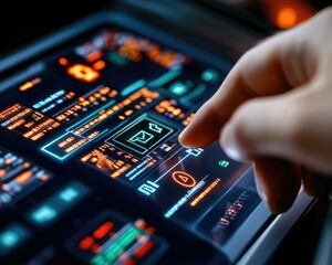 Fototapeta premium A close-up of a hand interacting with a futuristic touchscreen display featuring vibrant graphics and data controls.