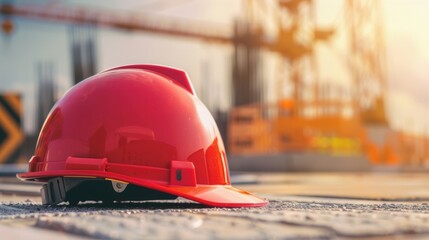 A red hard hat placed on the ground at a construction site with cranes and machinery visible in the background during sunset