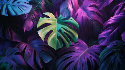 A Single Green Leaf Surrounded by Purple and Blue Tropical Leaves