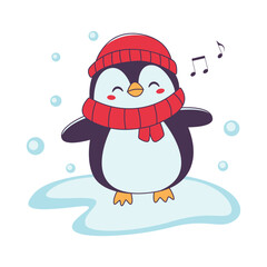 Cute Penguin Animal Cartoon Character Wearing Hat Scarf Warm Clothes Listening Music on Polar Ice
