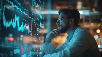 A scientist analyzing data on a digital interface in a laboratory setting.