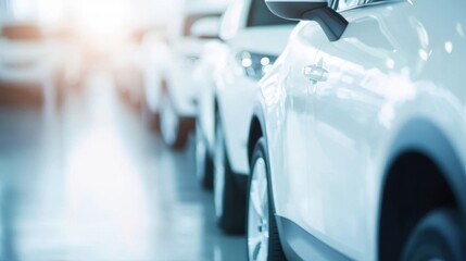 A line of gleaming white cars set in a contemporary showroom, inviting customers to view and appreciate their design and features