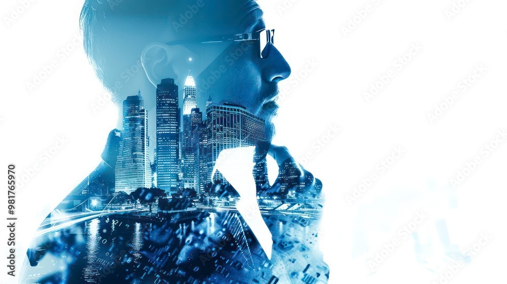 Wall mural a businessman’s profile intertwined with a vibrant urban skyline captures the essence of investment 