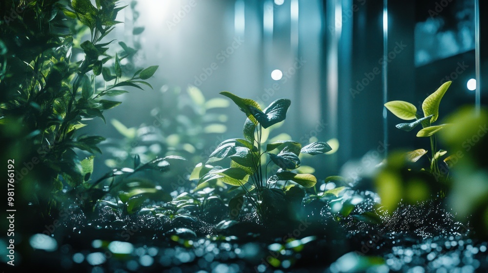 Canvas Prints Lush green plants thriving in a misty environment with soft lighting.