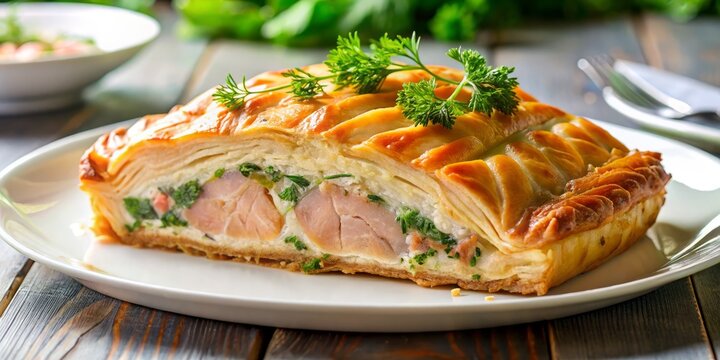 Freshly baked salmon en cro&ucirc;te, garnished with fresh herbs, sits elegantly on a crisp white plate, with a hint of golden light casting a warm glow on the flaky pastry crust.