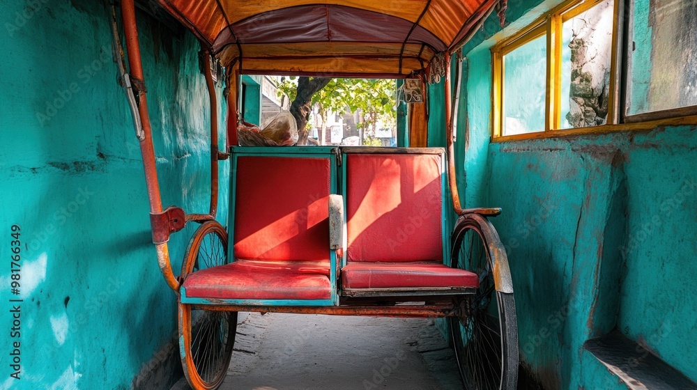 Poster A colorful rickshaw with red seats, set against a vibrant turquoise background.