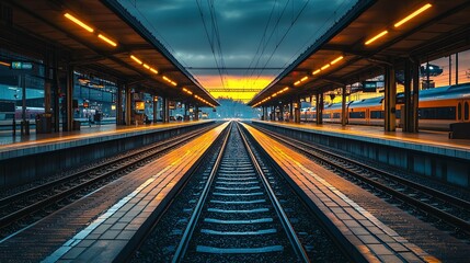 Fototapeta premium Empty Train Tracks at a Railway Station Platform with a Train in the Distance
