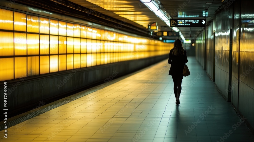 Poster A silhouette of a woman walking in a softly lit subway station.