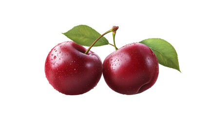 Obraz premium Fresh red cherries with green leaves on a white background. Perfect for health, nutrition, and fruit-themed projects.
