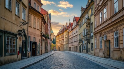 Obraz premium A picturesque cobblestone street lined with historic buildings under a colorful sky.