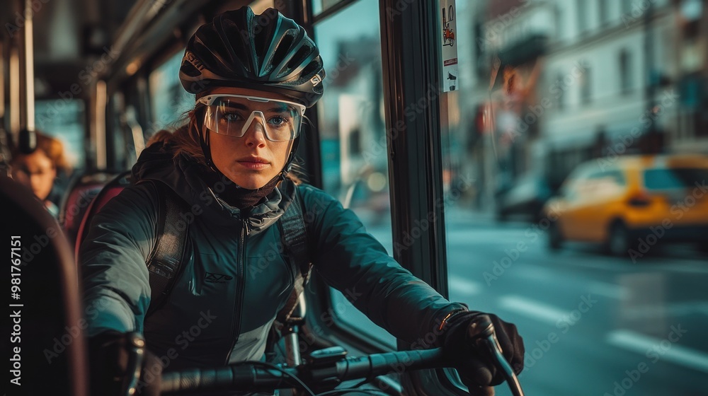 Canvas Prints A cyclist on a bus, looking intently out the window in an urban setting.