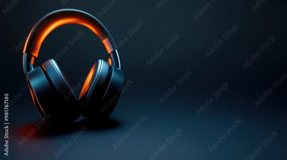 Wall mural bluetooth headphones with a glowing led on a black background, futuristic design, wireless technolog