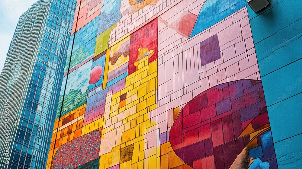 Canvas Prints A vibrant mural showcasing abstract shapes and colors on a city building.