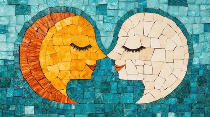 A captivating mosaic wall art showcases a sun and moon intertwined with rich colors and detailed craftsmanship, enhancing the surrounding atmosphere