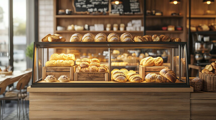 bakery display cabinet With freshly baked bread and pastries