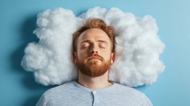 A man rests comfortably with closed eyes, surrounded by fluffy clouds, embodying tranquility and dreaminess in a peaceful moment