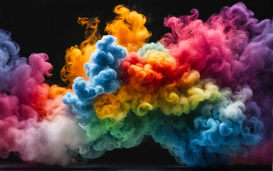 Abstract of white smoke and colorful explosive on the air on the black background