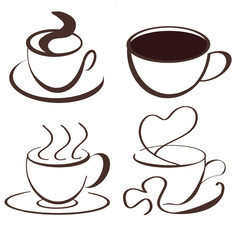 Obraz premium Coffee cafe logo. Coffee cup illustration.Cup of tea with swirl steam lines vector. coffee tea symbol collection. Set illustration of coffee or tea cup with steam rising isolating on white background.