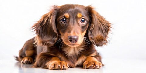 Adorable long-haired chocolate dachshund puppy with white paws and a playful expression.