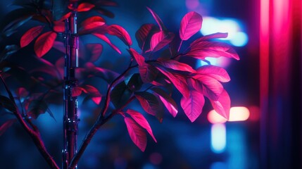 A close-up of vibrant leaves illuminated by colorful lights in a moody atmosphere.