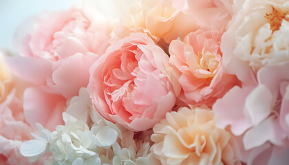 Obraz premium Soft, blooming peonies and roses in pastel shades, adding a delicate and feminine touch