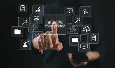 Digital transformation technology strategy, digitization and digitalization of business processes and data, optimize and automate operations, customer service management, internet and cloud computing