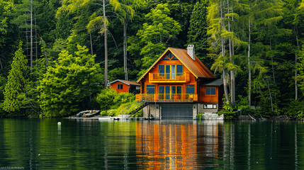 Fototapeta premium Serene lakefront cabin surrounded by lush forest, perfect for a peaceful retreat or nature getaway, with a beautiful water reflection.